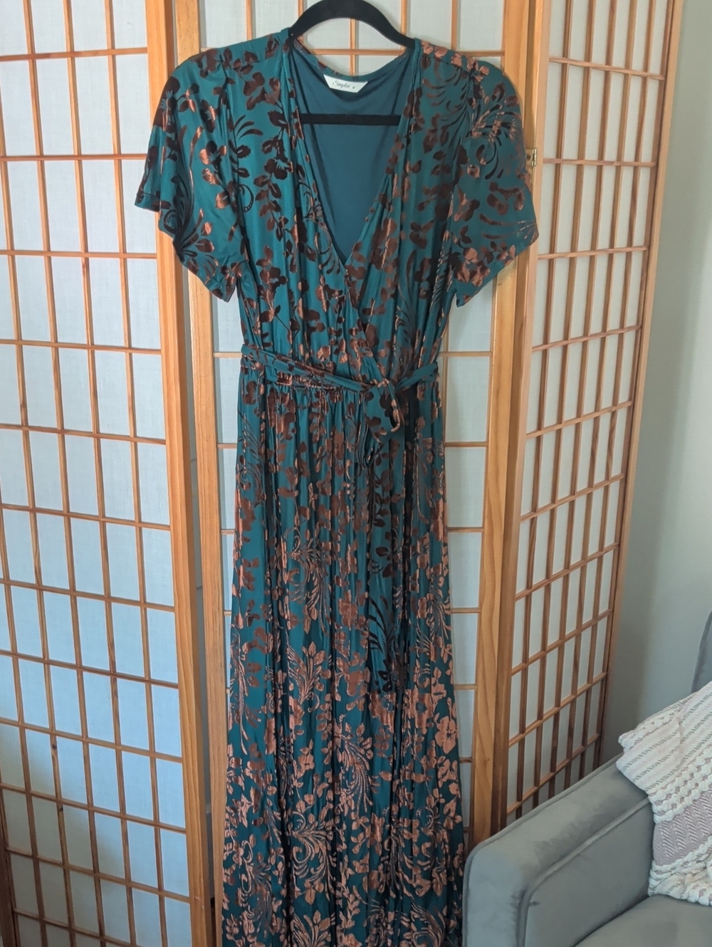 Simplee Teal Tea Length Dress with Copper Floral Print